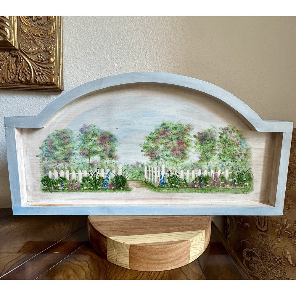 VTG 1995 Handpainted Wood Door Topper Country Garden Cottagecore Wall Art Signed